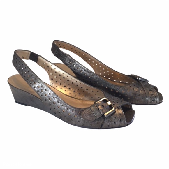 Stuart Weitzman Womens Gray Perforated Leather Wedge Heels Slingback size 6.5 - Picture 1 of 13